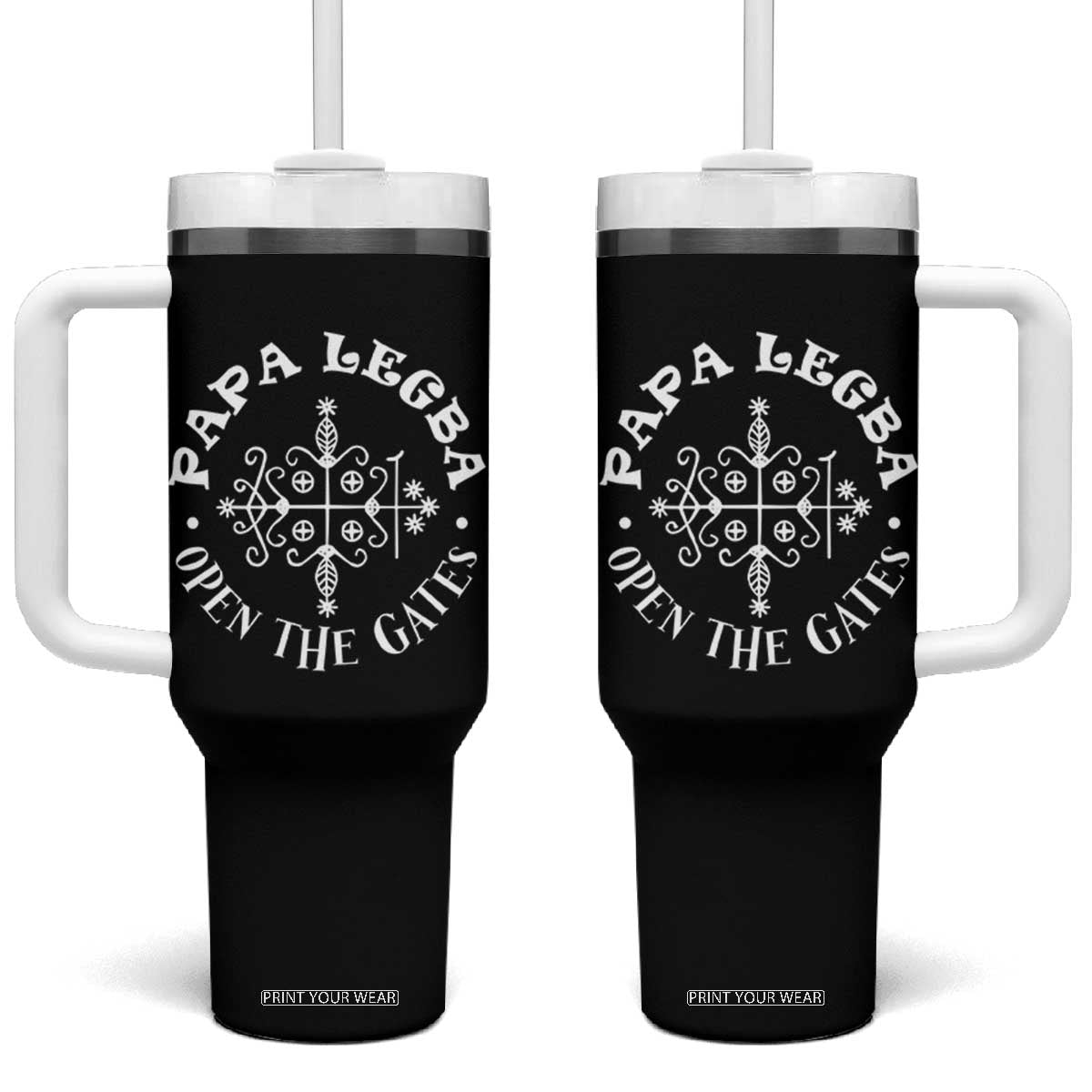 Papa Legba Tumbler With Handle Open The Gates Louisiana Voodoo Loa Veve TS11 One Size: 40 oz Black Print Your Wear
