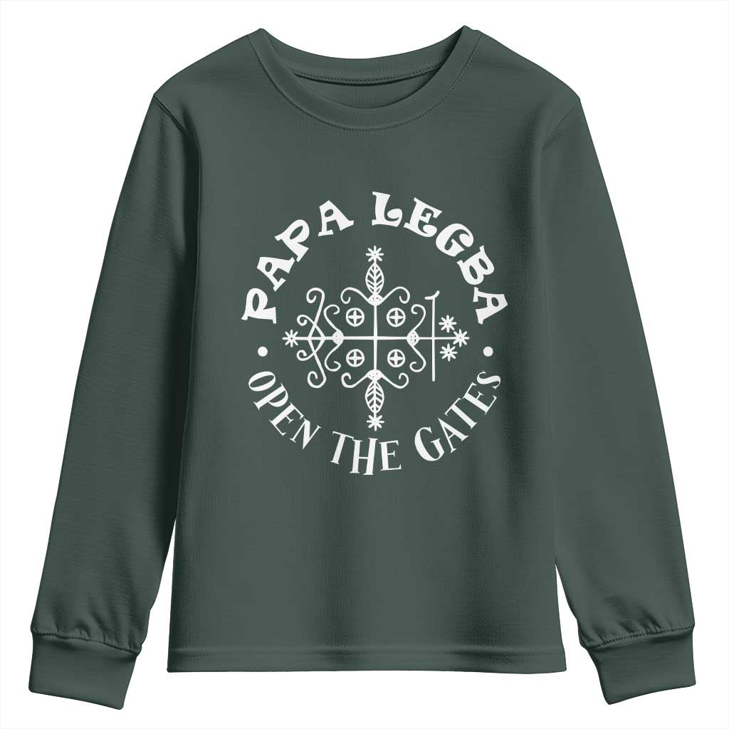 Papa Legba Youth Sweatshirt Open The Gates Louisiana Voodoo Loa Veve TS11 Dark Forest Green Print Your Wear