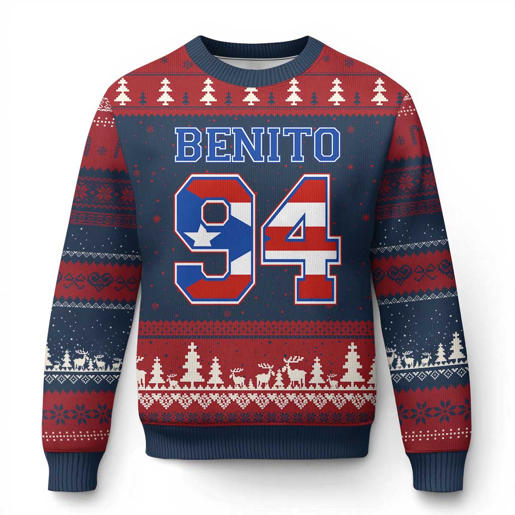Puerto Rico Jersey Benito Number 94 Graphic Ugly Christmas Sweater TS11 Navy Red Print Your Wear