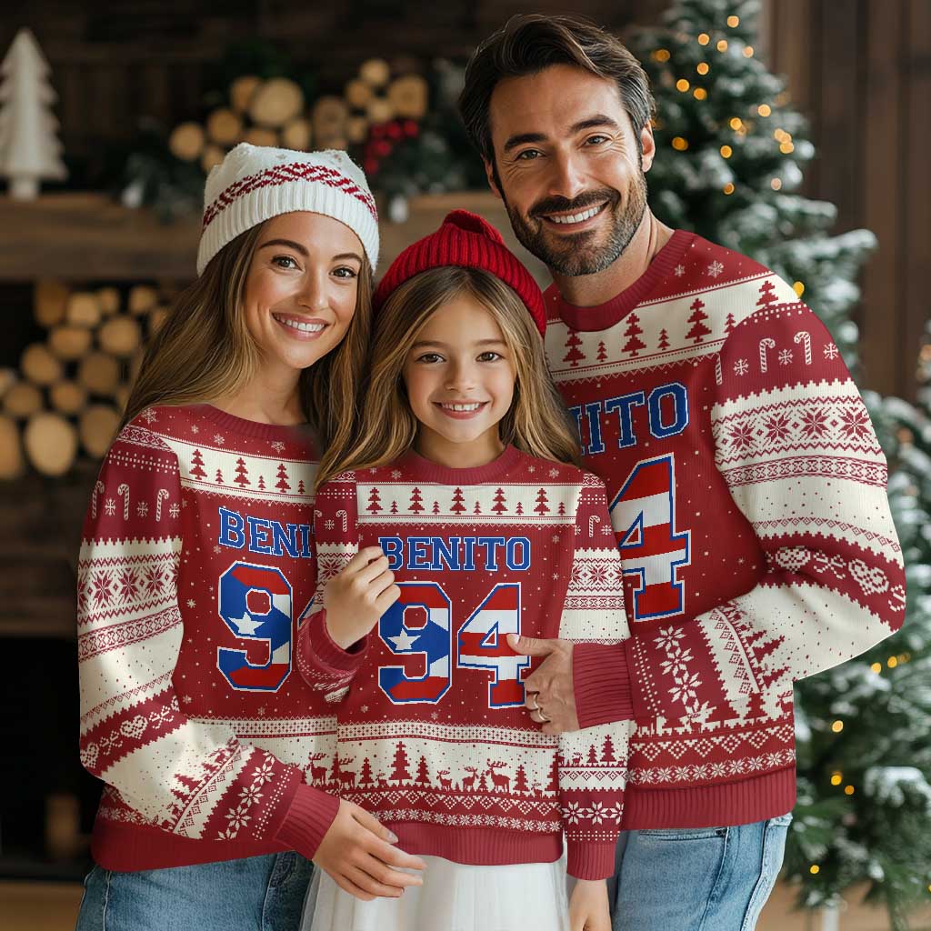 Puerto Rico Jersey Benito Number 94 Graphic Ugly Christmas Sweater TS11 Red Beige Print Your Wear