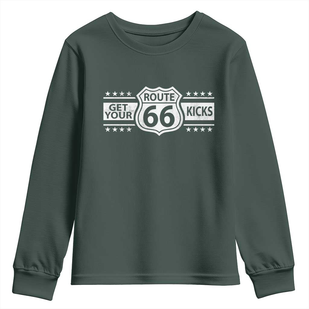 Route Highway 66 Youth Sweatshirt Get Your Kicks American Road Trip TS11 Dark Forest Green Print Your Wear