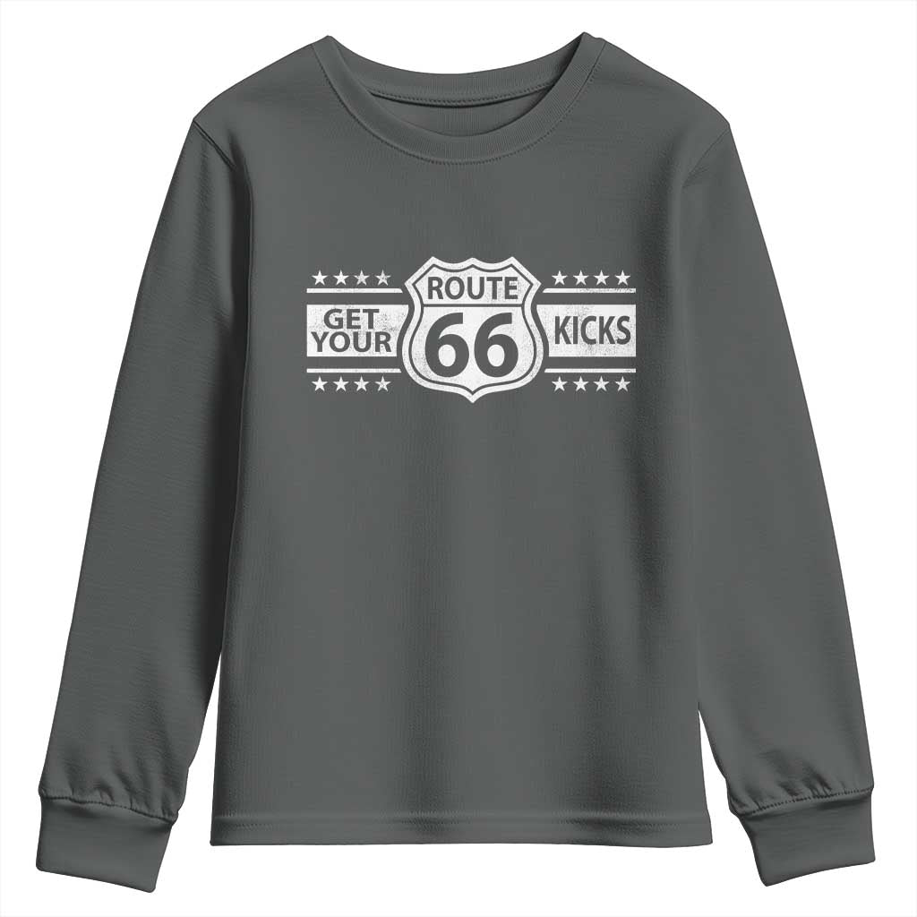 Route Highway 66 Youth Sweatshirt Get Your Kicks American Road Trip TS11 Dark Heather Print Your Wear