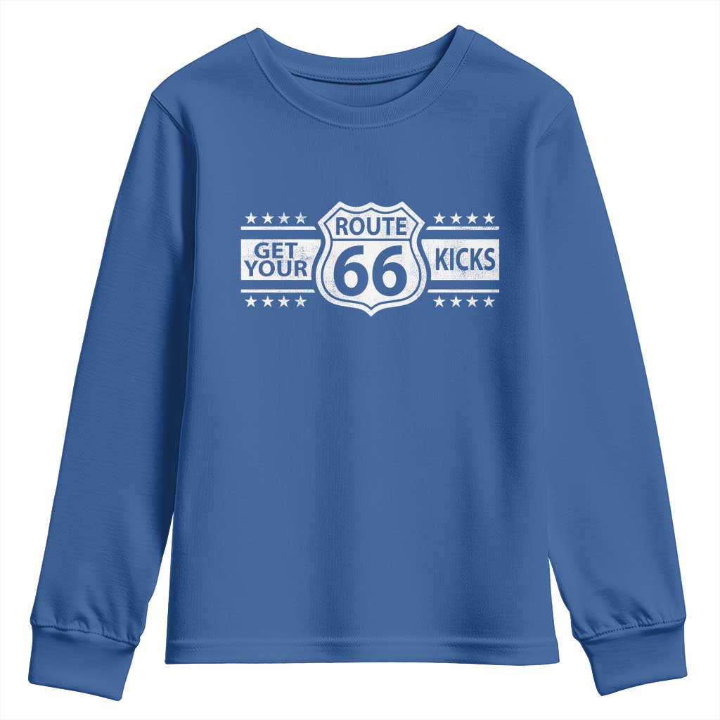 Route Highway 66 Youth Sweatshirt Get Your Kicks American Road Trip TS11 Royal Blue Print Your Wear