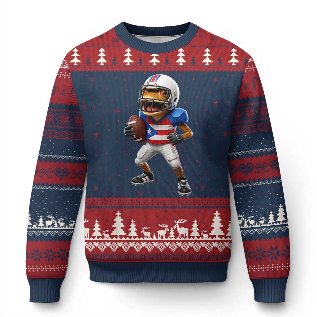 Funny Coqui Frog Puerto Rico Playing Football Ugly Christmas Sweater Boricua Game Day TS11 Navy Red Print Your Wear