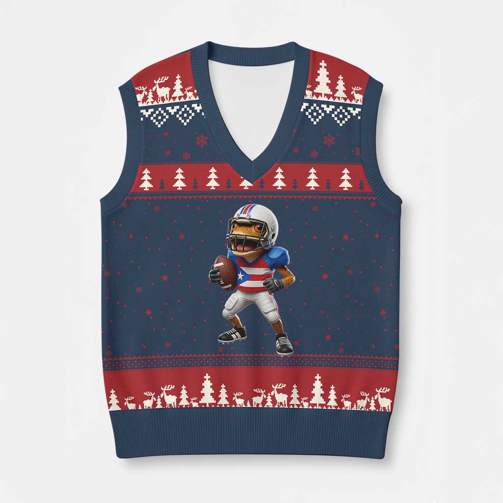 Funny Coqui Frog Puerto Rico Playing Football V-Neck Knit Sweater Vest Boricua Game Day TS11 Navy Red Print Your Wear