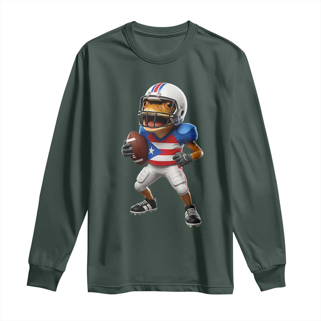 Funny Coqui Frog Puerto Rico Playing Football Long Sleeve Shirt Boricua Game Day TS11 Dark Forest Green Print Your Wear