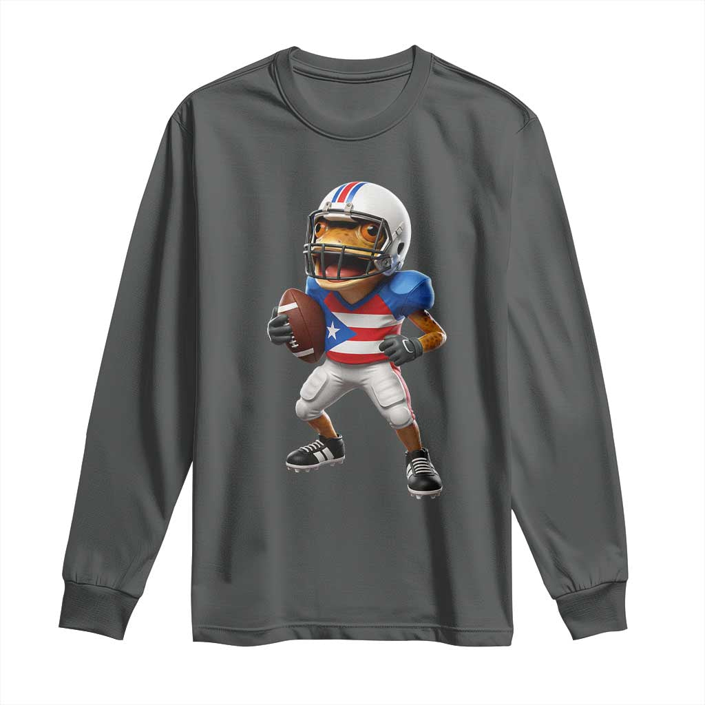 Funny Coqui Frog Puerto Rico Playing Football Long Sleeve Shirt Boricua Game Day TS11 Dark Heather Print Your Wear