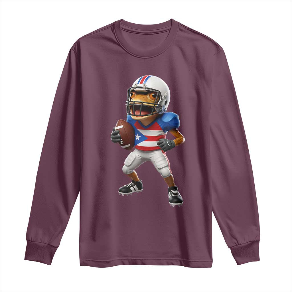 Funny Coqui Frog Puerto Rico Playing Football Long Sleeve Shirt Boricua Game Day TS11 Maroon Print Your Wear