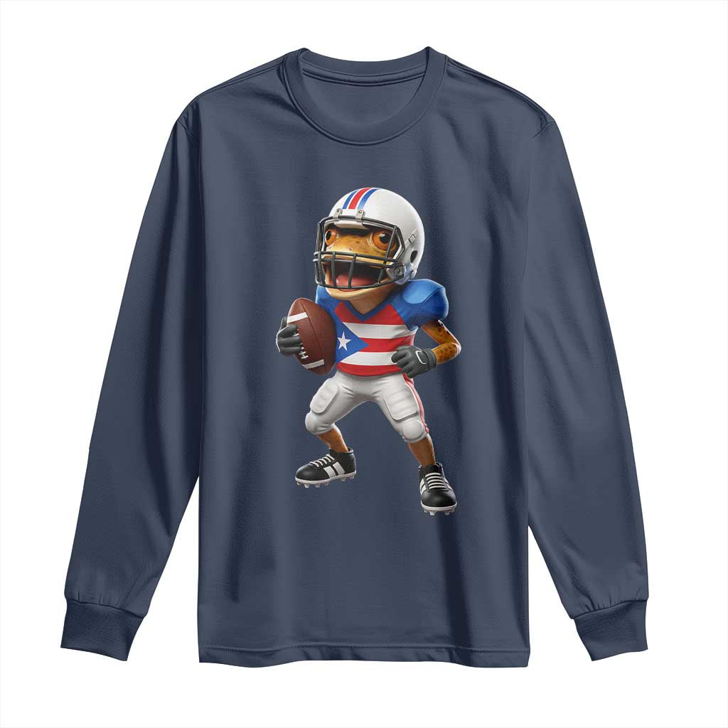 Funny Coqui Frog Puerto Rico Playing Football Long Sleeve Shirt Boricua Game Day TS11 Navy Print Your Wear