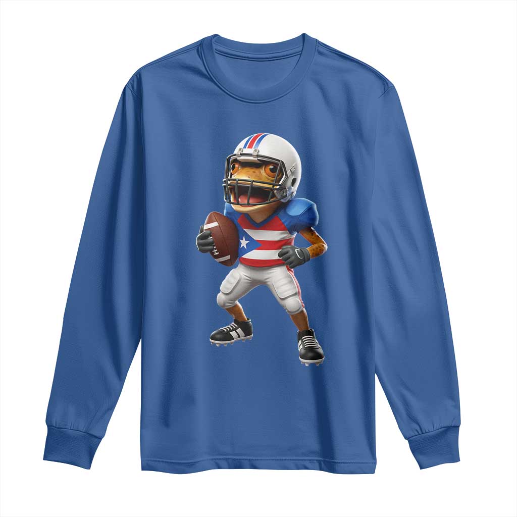 Funny Coqui Frog Puerto Rico Playing Football Long Sleeve Shirt Boricua Game Day TS11 Royal Blue Print Your Wear