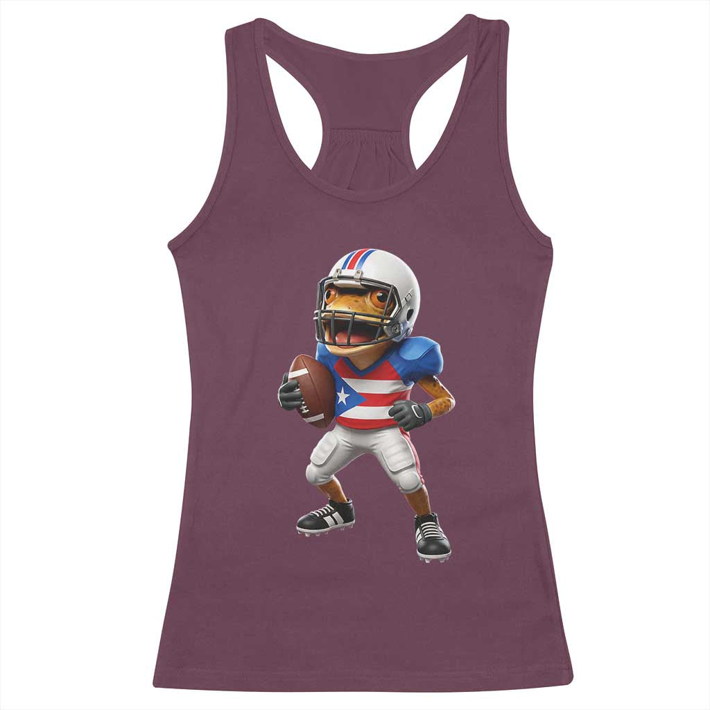 Funny Coqui Frog Puerto Rico Playing Football Racerback Tank Top Boricua Game Day TS11 Maroon Print Your Wear