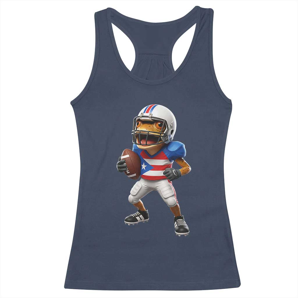 Funny Coqui Frog Puerto Rico Playing Football Racerback Tank Top Boricua Game Day TS11 Navy Print Your Wear