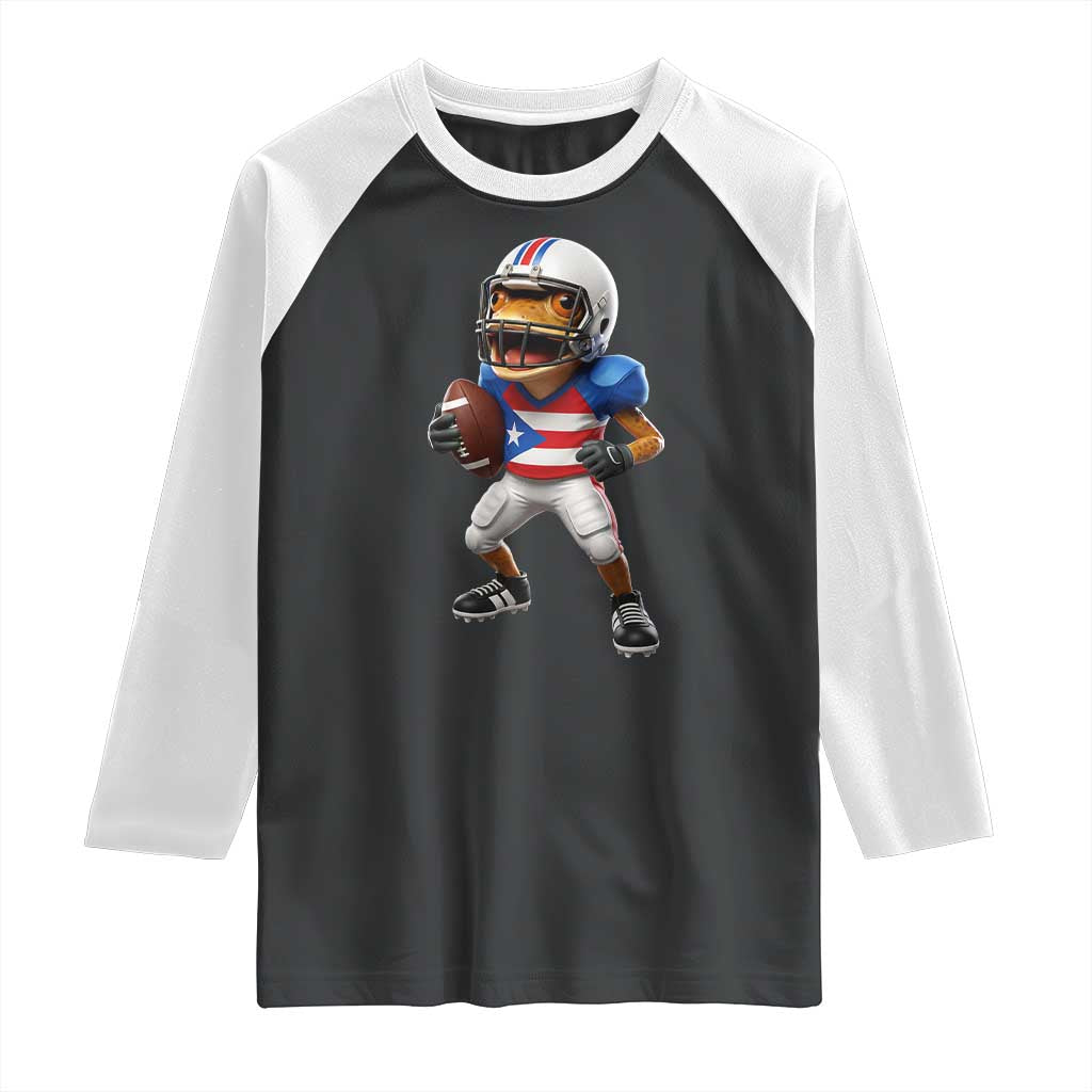 Funny Coqui Frog Puerto Rico Playing Football Raglan Shirt Boricua Game Day TS11 Black White Print Your Wear