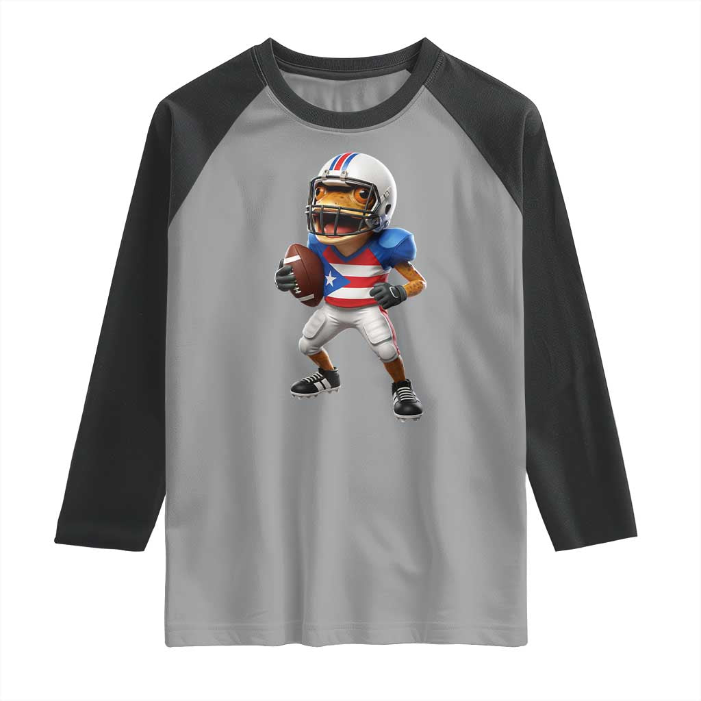 Funny Coqui Frog Puerto Rico Playing Football Raglan Shirt Boricua Game Day TS11 Sport Gray Black Print Your Wear