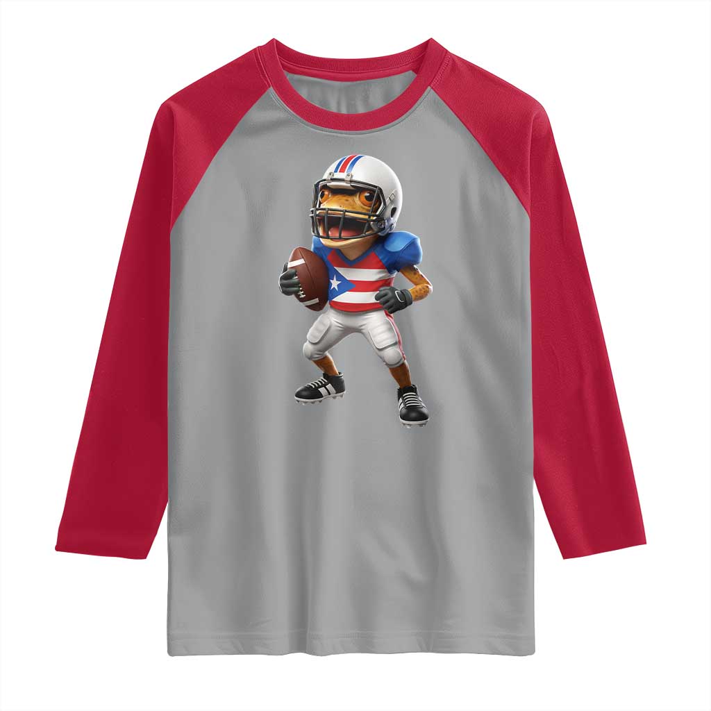 Funny Coqui Frog Puerto Rico Playing Football Raglan Shirt Boricua Game Day TS11 Sport Gray Red Print Your Wear