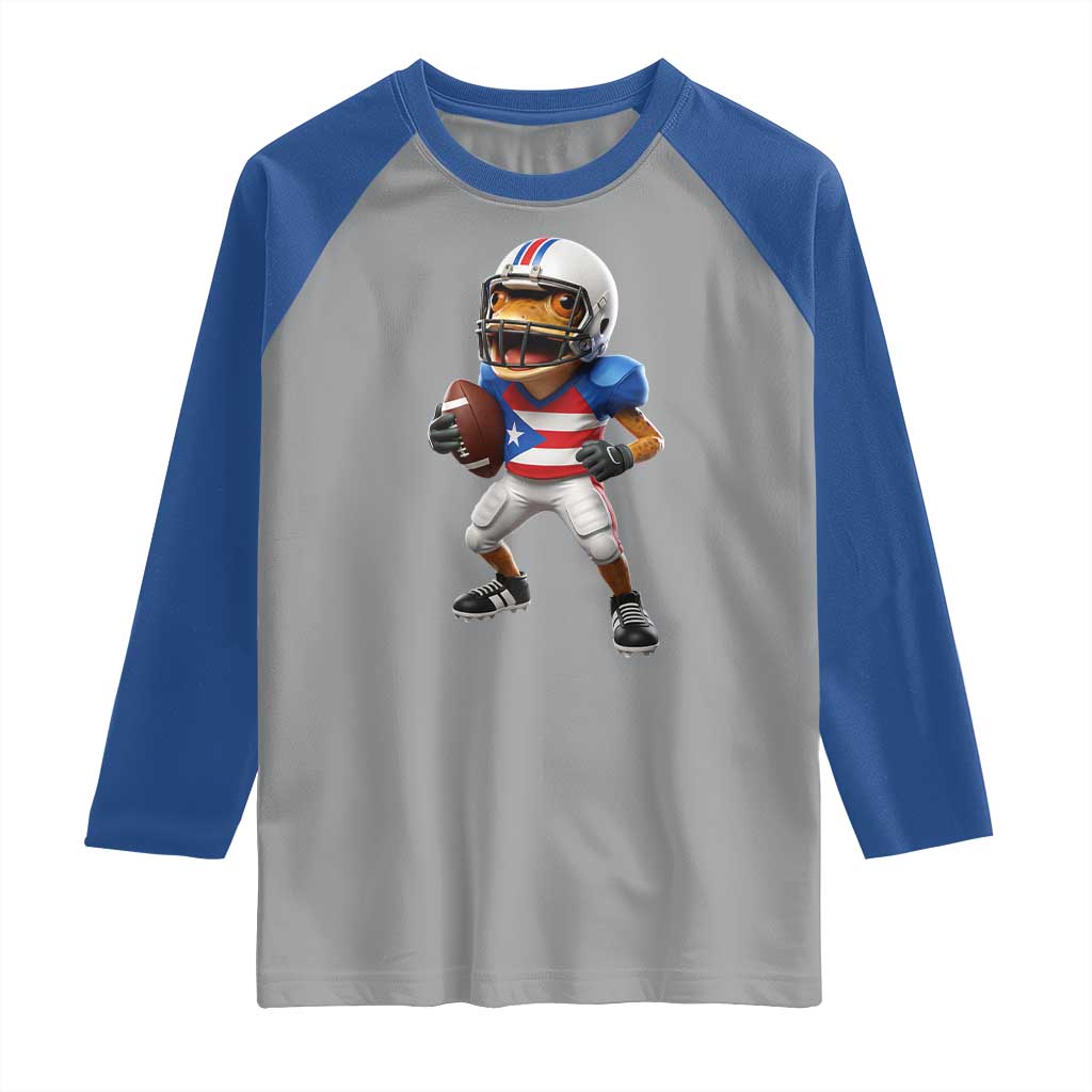 Funny Coqui Frog Puerto Rico Playing Football Raglan Shirt Boricua Game Day TS11 Sport Gray Royal Print Your Wear