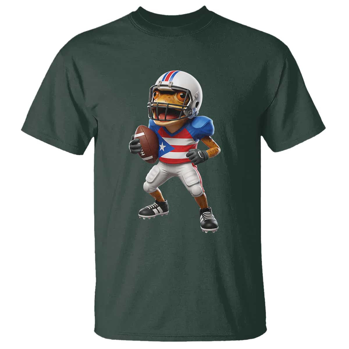 Funny Coqui Frog Puerto Rico Playing Football T Shirt Boricua Game Day TS11 Dark Forest Green Print Your Wear