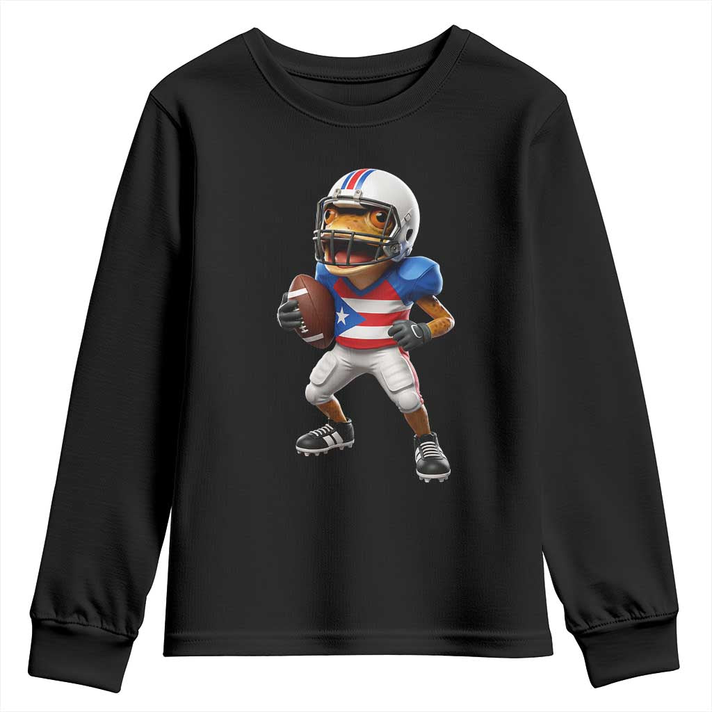Funny Coqui Frog Puerto Rico Playing Football Youth Sweatshirt Boricua Game Day TS11 Black Print Your Wear