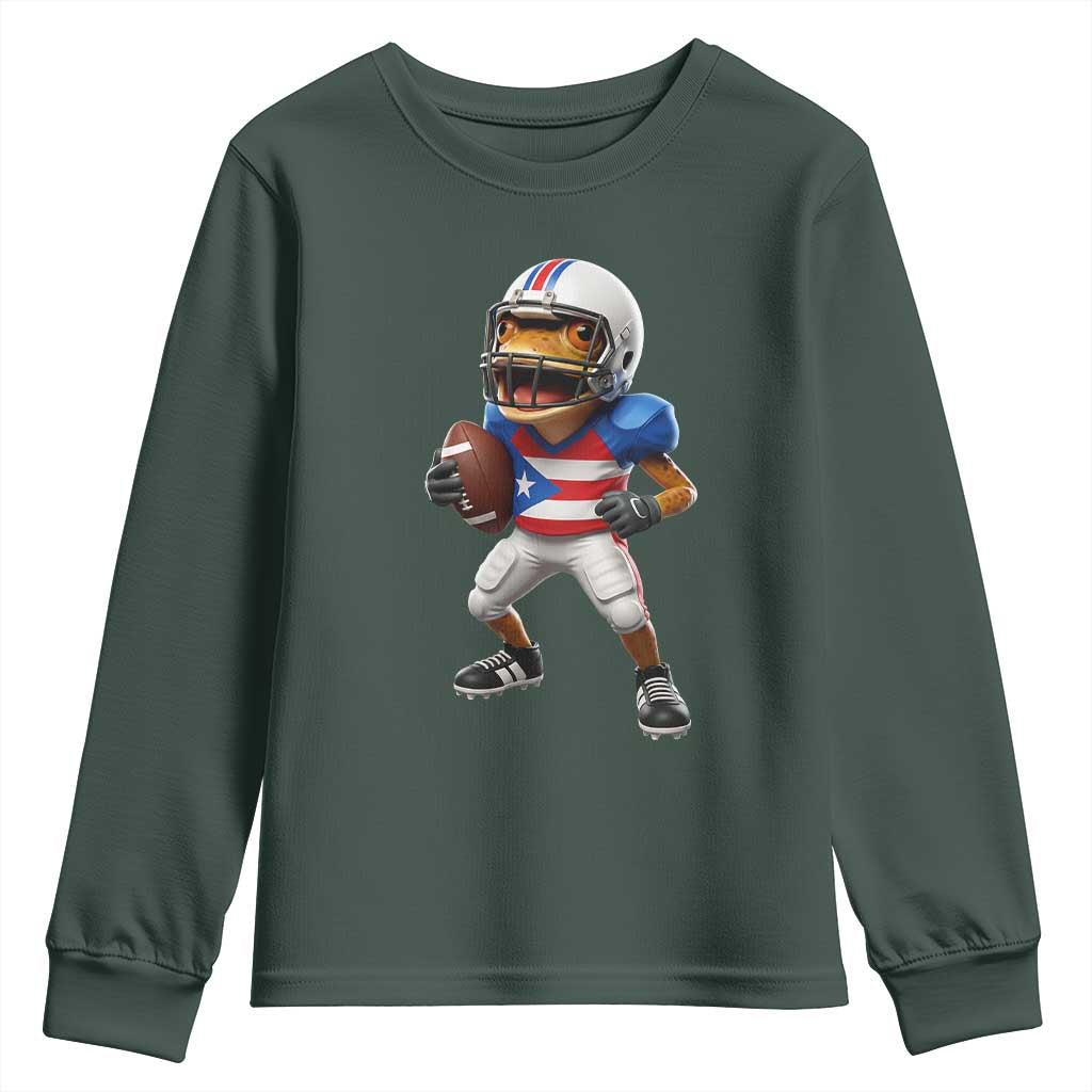 Funny Coqui Frog Puerto Rico Playing Football Youth Sweatshirt Boricua Game Day TS11 Dark Forest Green Print Your Wear