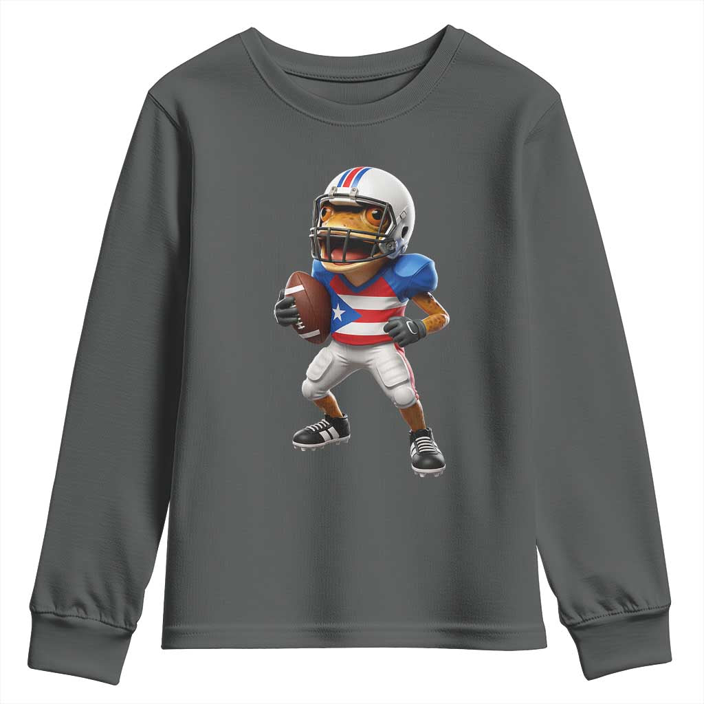 Funny Coqui Frog Puerto Rico Playing Football Youth Sweatshirt Boricua Game Day TS11 Dark Heather Print Your Wear