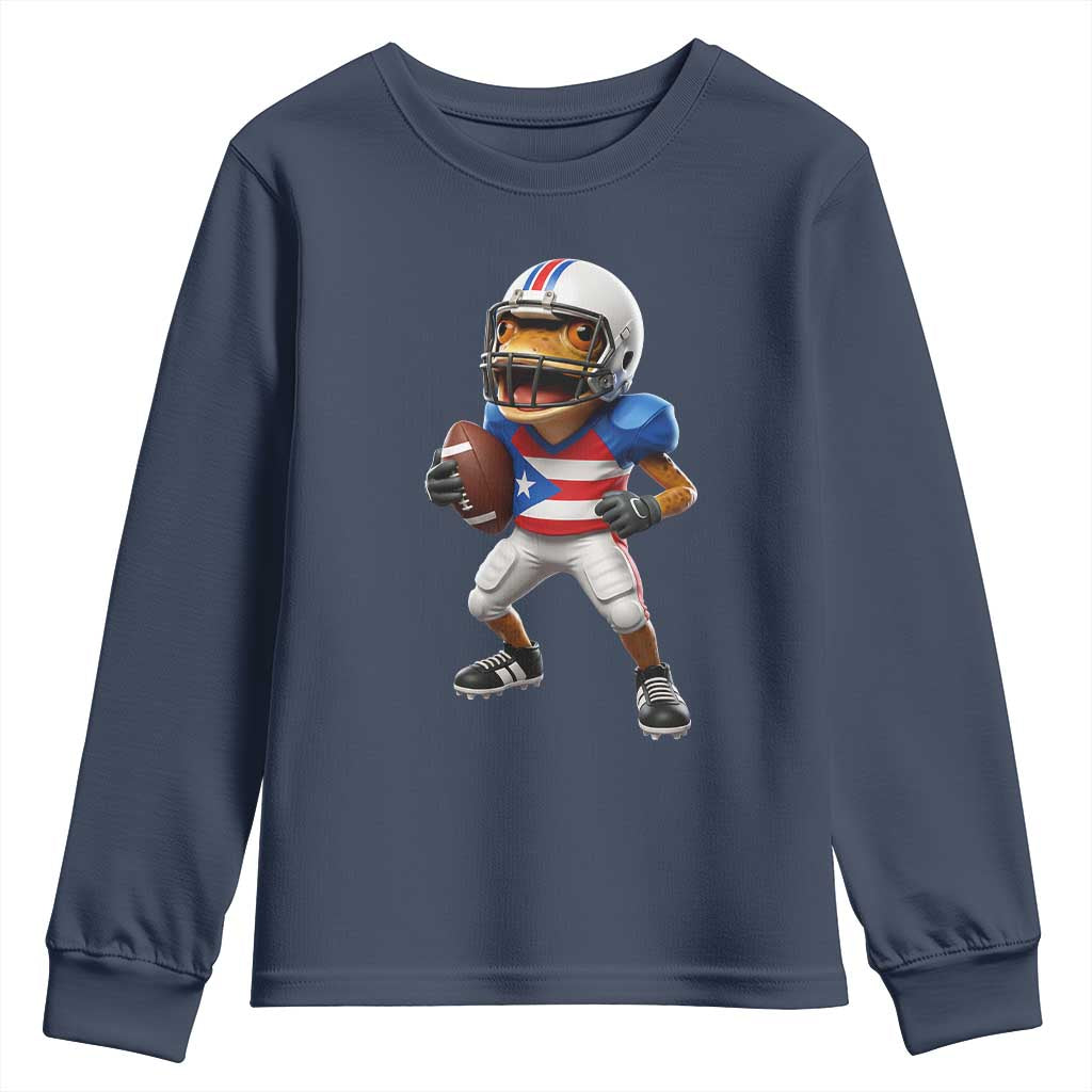 Funny Coqui Frog Puerto Rico Playing Football Youth Sweatshirt Boricua Game Day TS11 Navy Print Your Wear