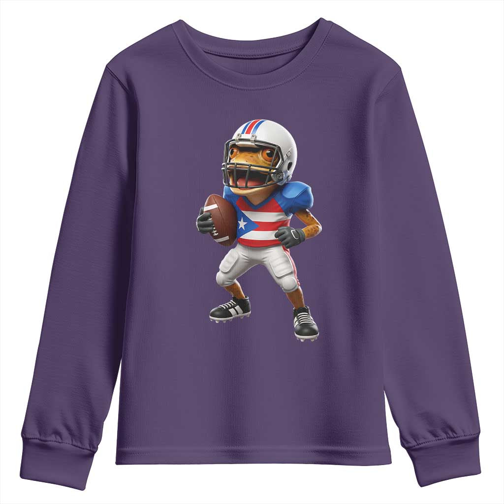 Funny Coqui Frog Puerto Rico Playing Football Youth Sweatshirt Boricua Game Day TS11 Purple Print Your Wear