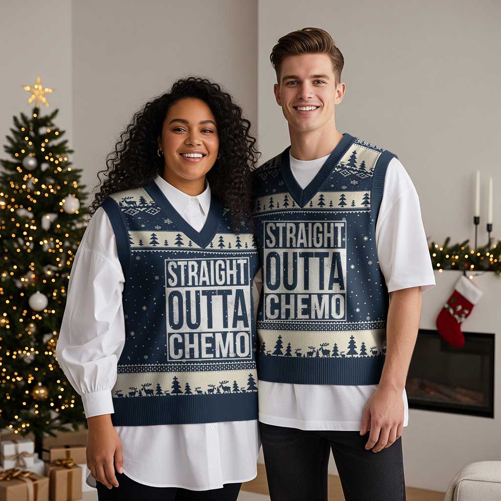 Straight Outta Chemo V-Neck Knit Sweater Vest Funny Battle Cancer Gift TS11 Navy Beige Print Your Wear