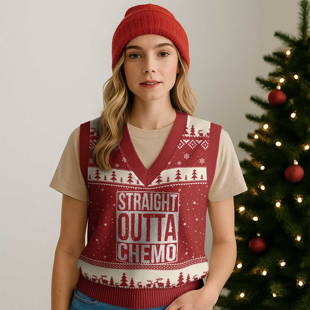 Straight Outta Chemo V-Neck Knit Sweater Vest Funny Battle Cancer Gift TS11 Red Beige Print Your Wear