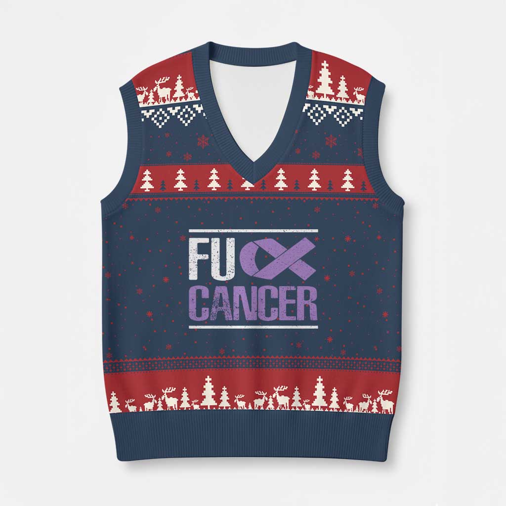 Fuck Cancer V-Neck Knit Sweater Vest Funny National Cancer Prevention Month Lavender Ribbon TS11 Navy Red Print Your Wear