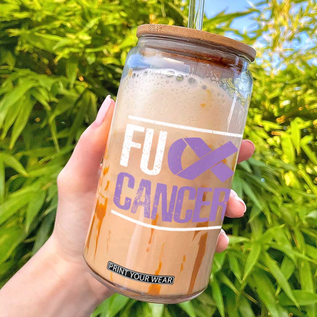 Fuck Cancer Glass Can Funny National Cancer Prevention Month Lavender Ribbon TS11 Black Print Your Wear