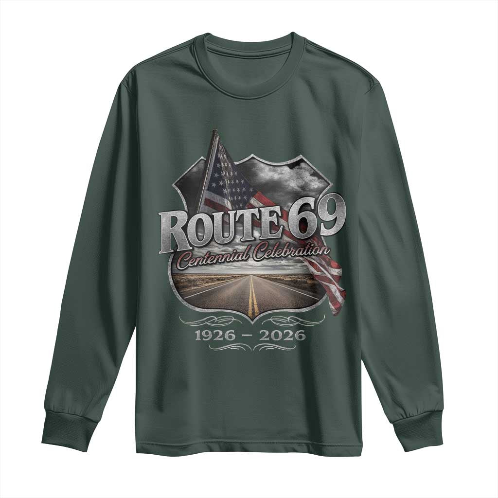 US Route 69 Centennial Celebration Long Sleeve Shirt Highway Road 100 Years Anniversary American Flag TS11 Dark Forest Green Print Your Wear