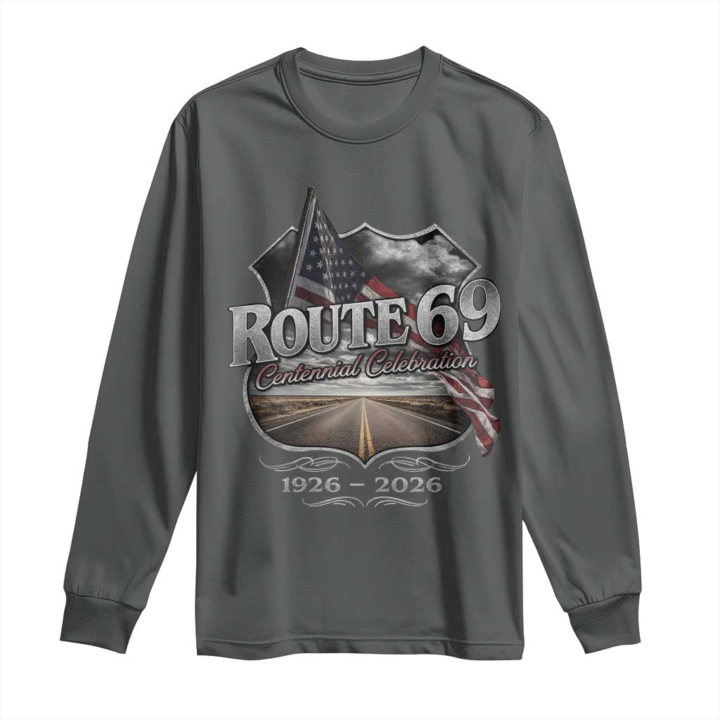 US Route 69 Centennial Celebration Long Sleeve Shirt Highway Road 100 Years Anniversary American Flag TS11 Dark Heather Print Your Wear