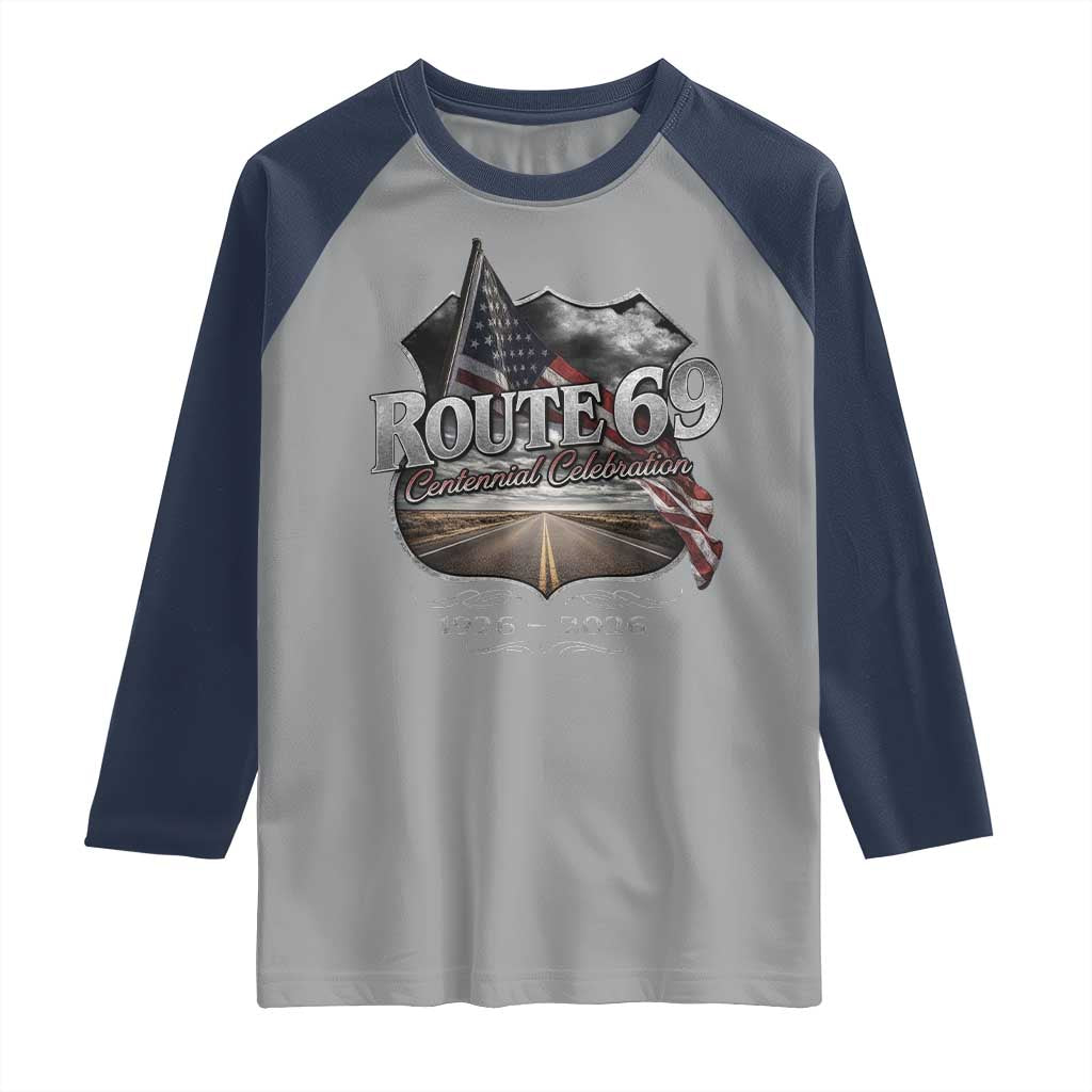 US Route 69 Centennial Celebration Raglan Shirt Highway Road 100 Years Anniversary American Flag TS11 Sport Gray Navy Print Your Wear
