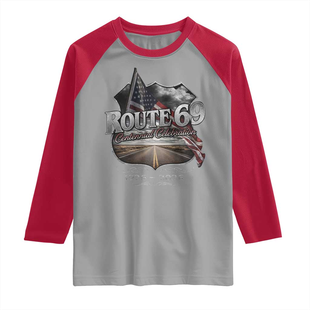 US Route 69 Centennial Celebration Raglan Shirt Highway Road 100 Years Anniversary American Flag TS11 Sport Gray Red Print Your Wear