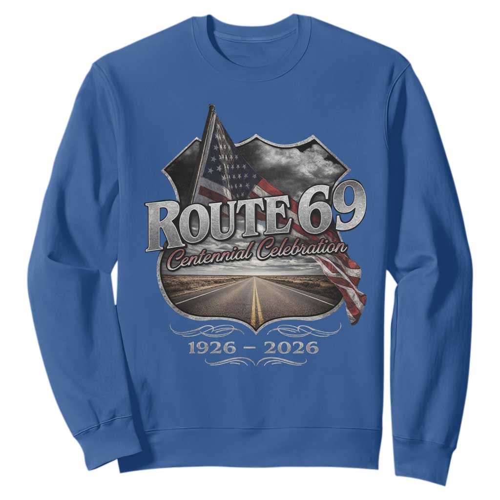 US Route 69 Centennial Celebration Sweatshirt Highway Road 100 Years Anniversary American Flag TS11 Royal Blue Print Your Wear