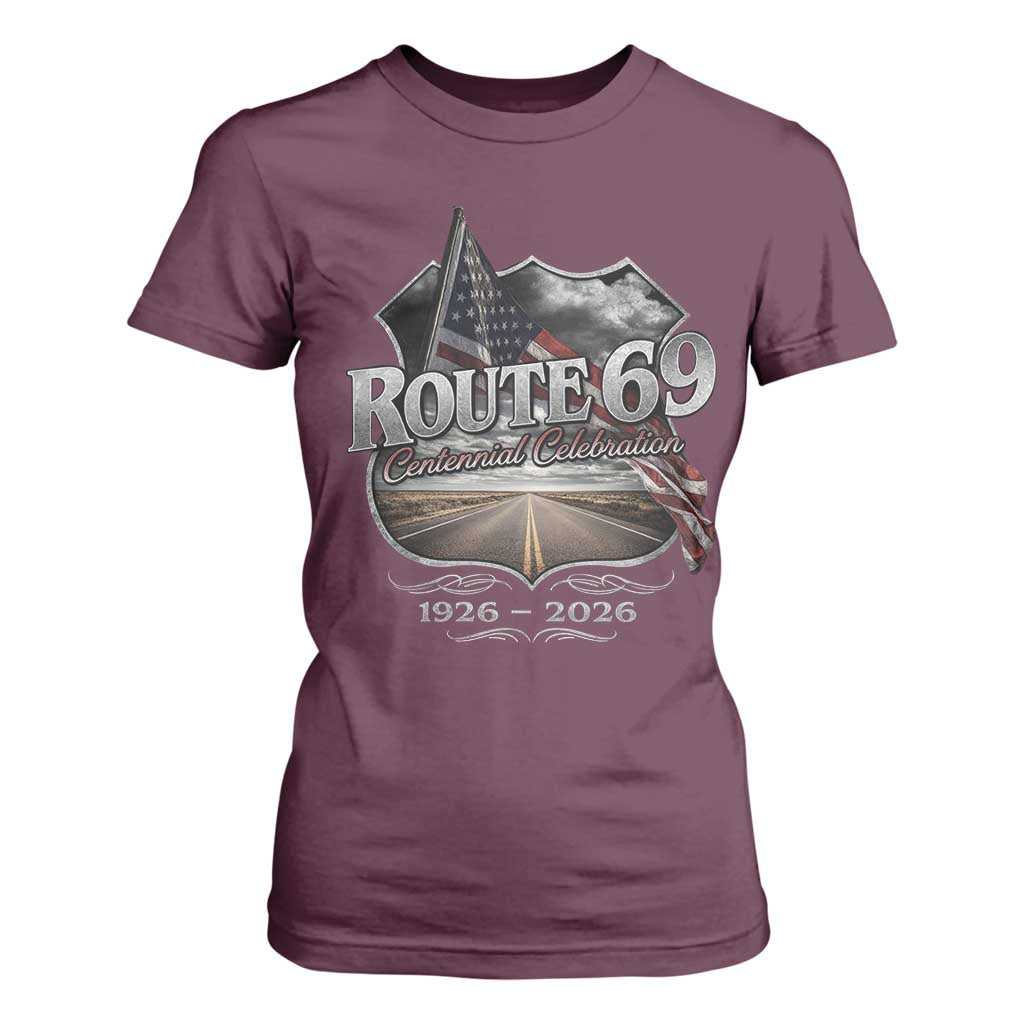 US Route 69 Centennial Celebration T Shirt For Women Highway Road 100 Years Anniversary American Flag TS11 Maroon Print Your Wear