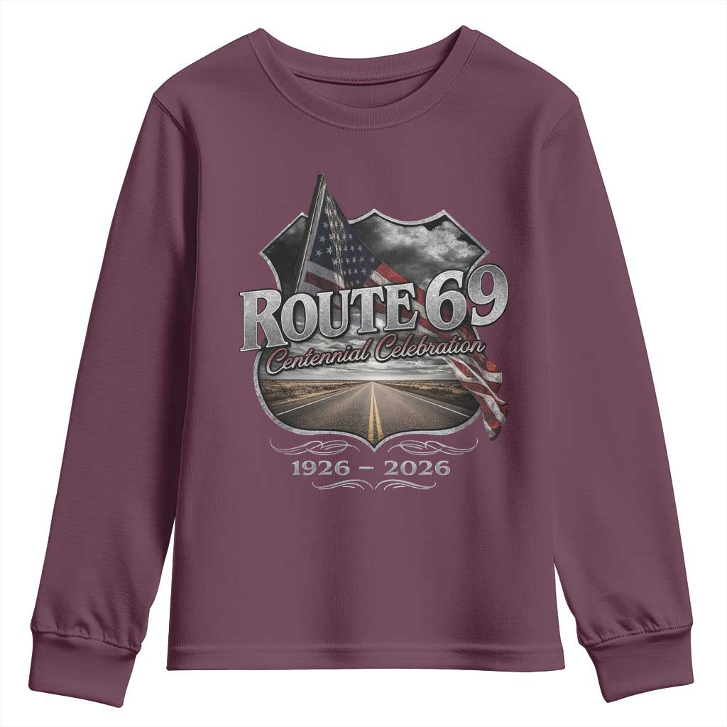 US Route 69 Centennial Celebration Youth Sweatshirt Highway Road 100 Years Anniversary American Flag TS11 Maroon Print Your Wear