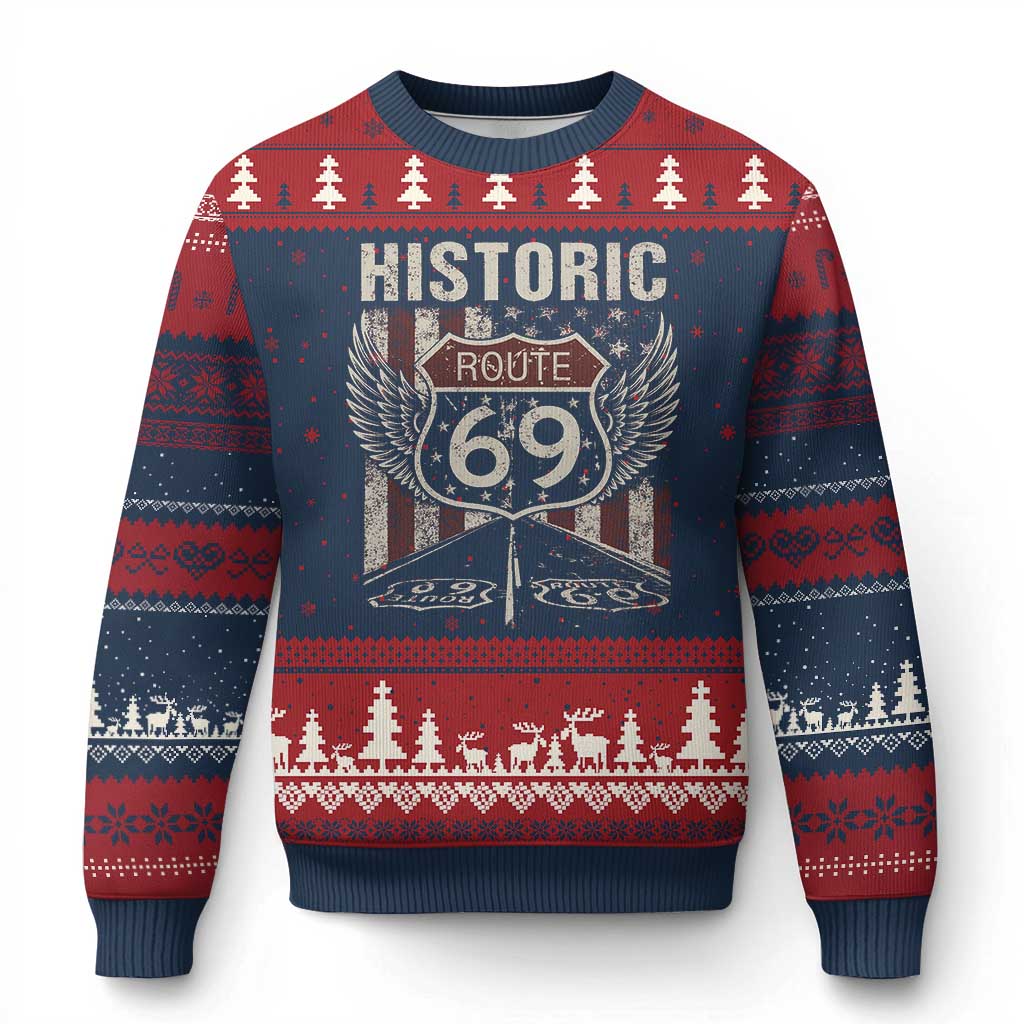 Historic Route 69 Highway Road Ugly Christmas Sweater Americana Vintage USA Flag TS11 Navy Red Print Your Wear