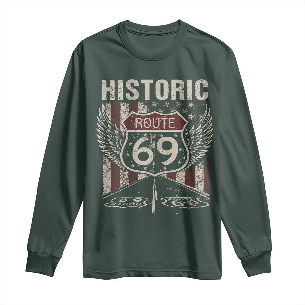 Historic Route 69 Highway Road Long Sleeve Shirt Americana Vintage USA Flag TS11 Dark Forest Green Print Your Wear