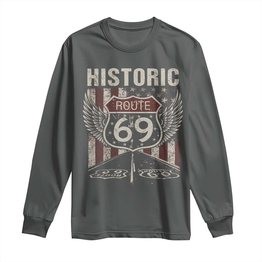 Historic Route 69 Highway Road Long Sleeve Shirt Americana Vintage USA Flag TS11 Dark Heather Print Your Wear