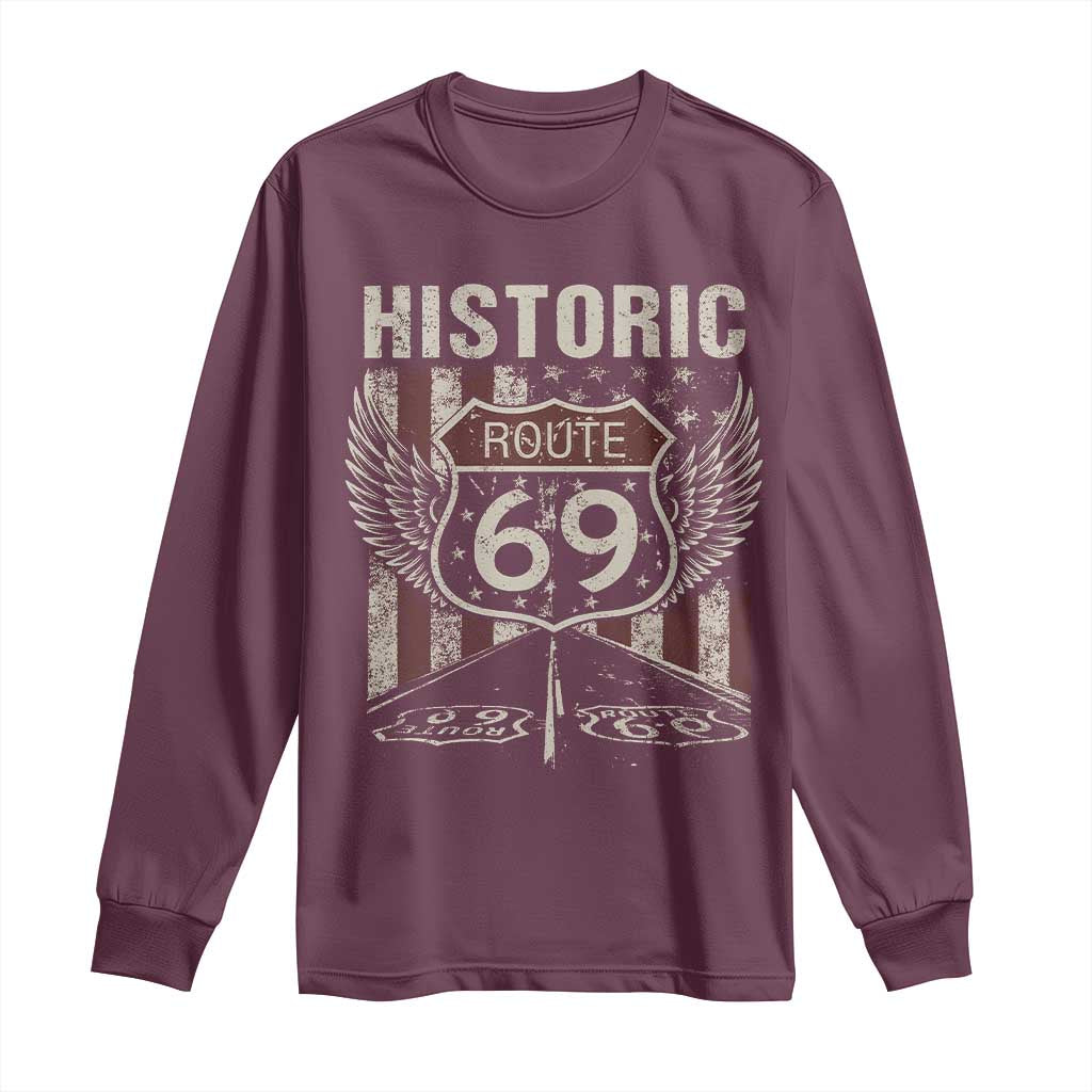 Historic Route 69 Highway Road Long Sleeve Shirt Americana Vintage USA Flag TS11 Maroon Print Your Wear