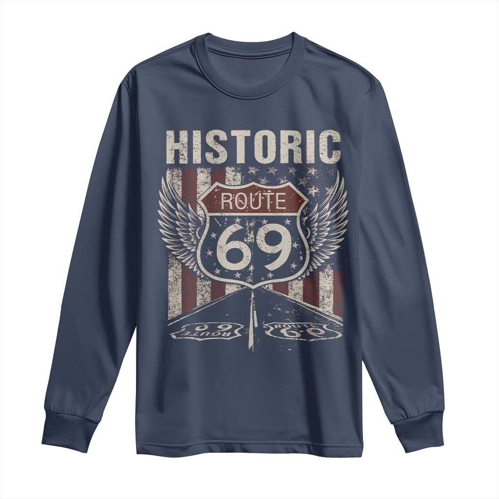 Historic Route 69 Highway Road Long Sleeve Shirt Americana Vintage USA Flag TS11 Navy Print Your Wear