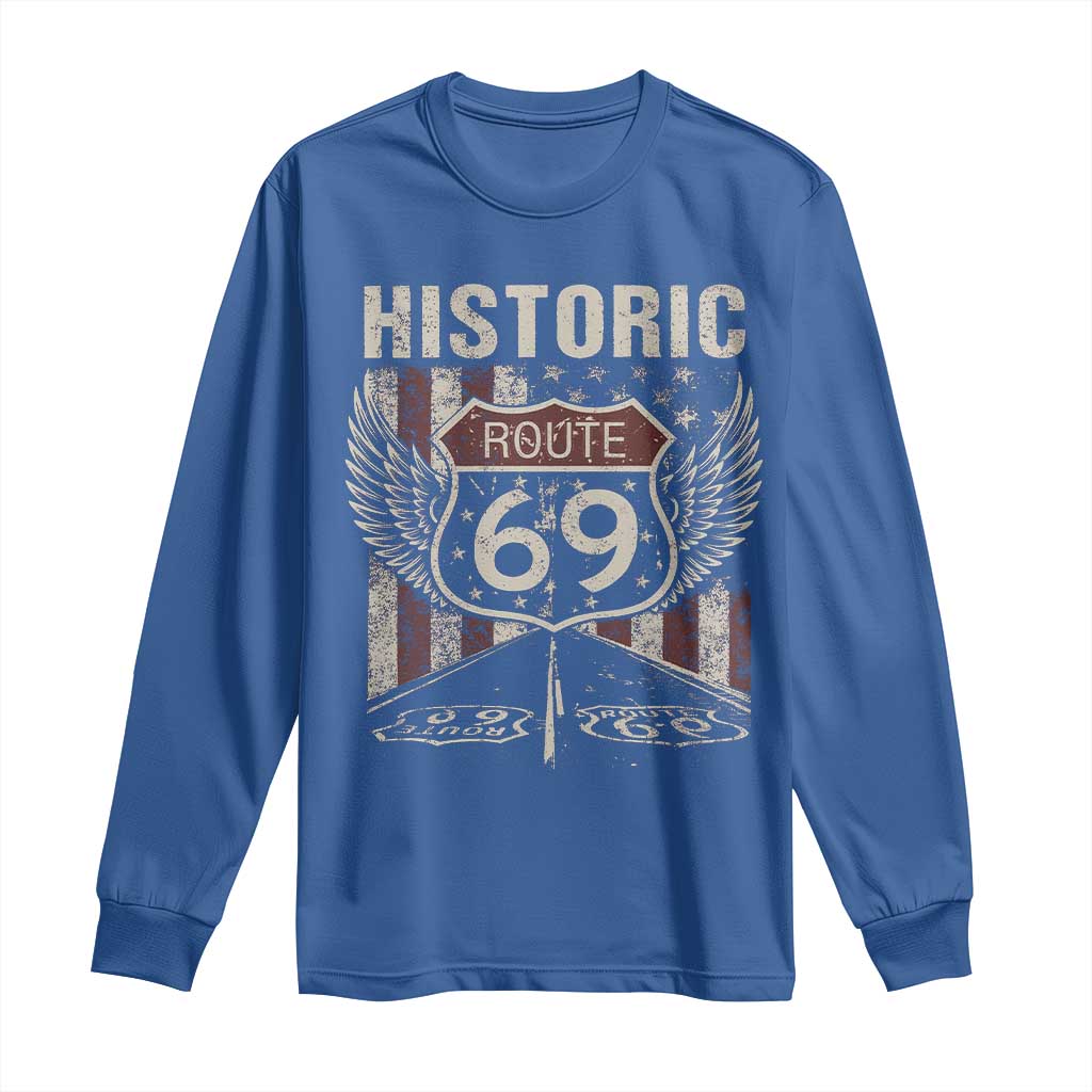 Historic Route 69 Highway Road Long Sleeve Shirt Americana Vintage USA Flag TS11 Royal Blue Print Your Wear