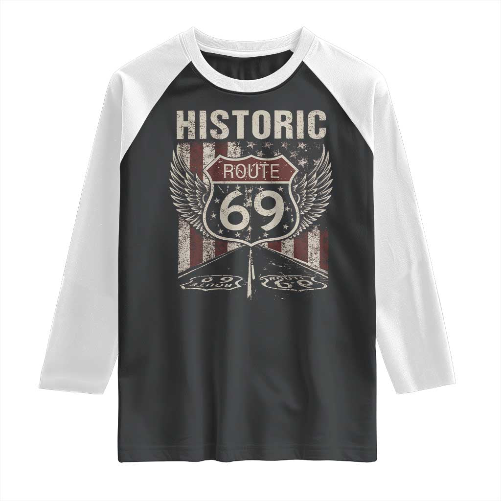 Historic Route 69 Highway Road Raglan Shirt Americana Vintage USA Flag TS11 Black White Print Your Wear