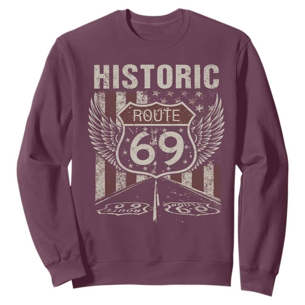 Historic Route 69 Highway Road Sweatshirt Americana Vintage USA Flag TS11 Maroon Print Your Wear