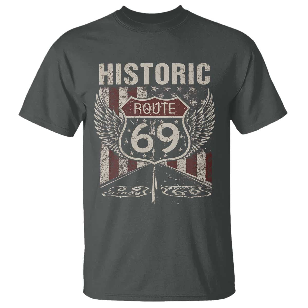 Historic Route 69 Highway Road T Shirt Americana Vintage USA Flag TS11 Dark Heather Print Your Wear