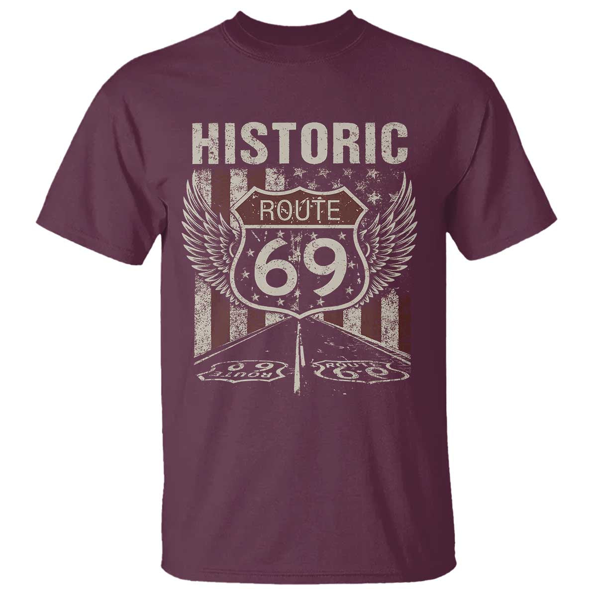 Historic Route 69 Highway Road T Shirt Americana Vintage USA Flag TS11 Maroon Print Your Wear