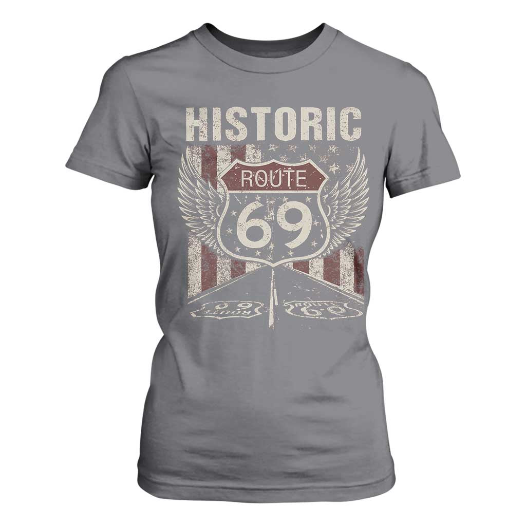 Historic Route 69 Highway Road T Shirt For Women Americana Vintage USA Flag TS11 Charcoal Print Your Wear
