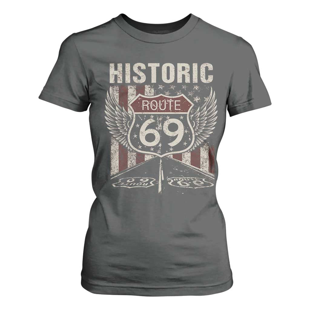 Historic Route 69 Highway Road T Shirt For Women Americana Vintage USA Flag TS11 Dark Heather Print Your Wear