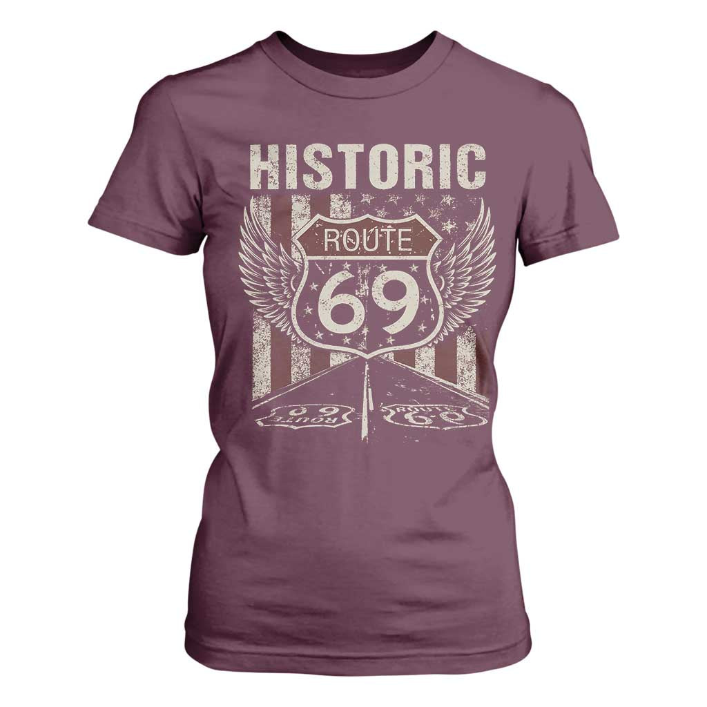 Historic Route 69 Highway Road T Shirt For Women Americana Vintage USA Flag TS11 Maroon Print Your Wear